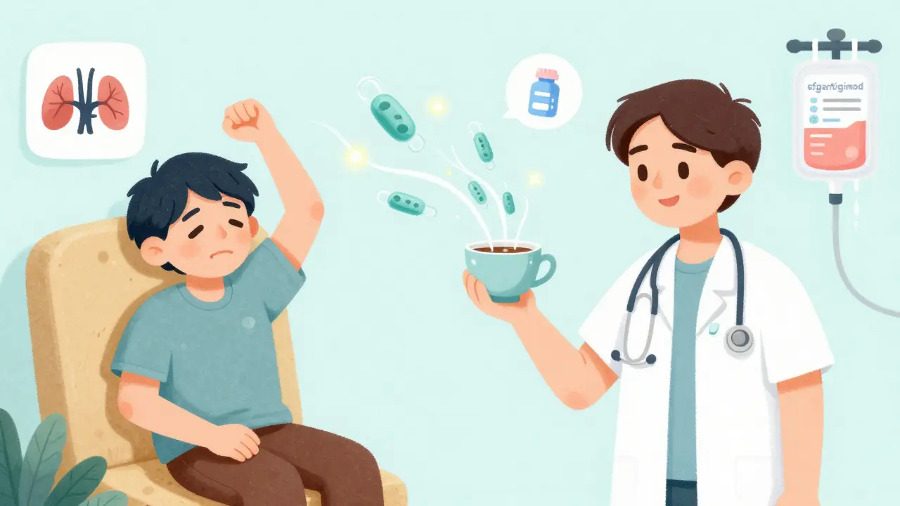 A patient holding a teacup with ease after treatment, while antibodies fade away in a gentle wind, shown in whimsical pastel tones.