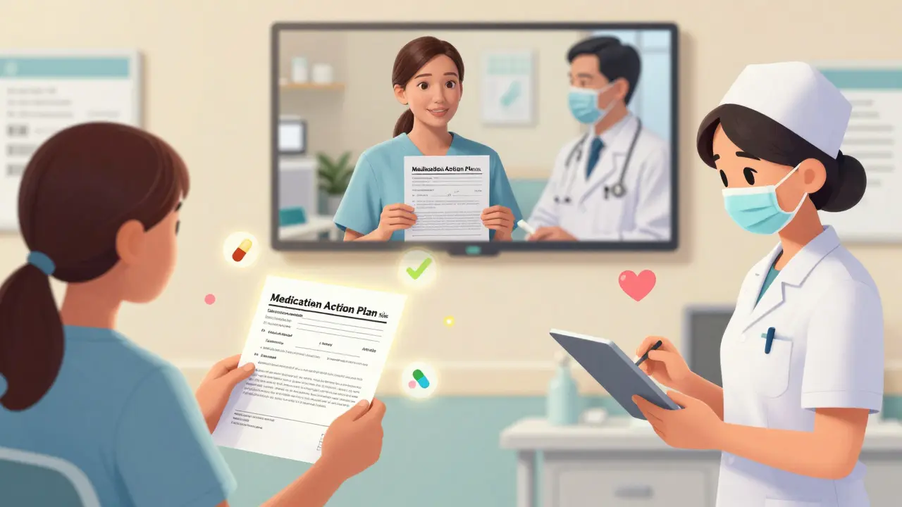 A patient presents their Medication Action Plan to a nurse in the ER, with a flashback of their doctor’s visit.