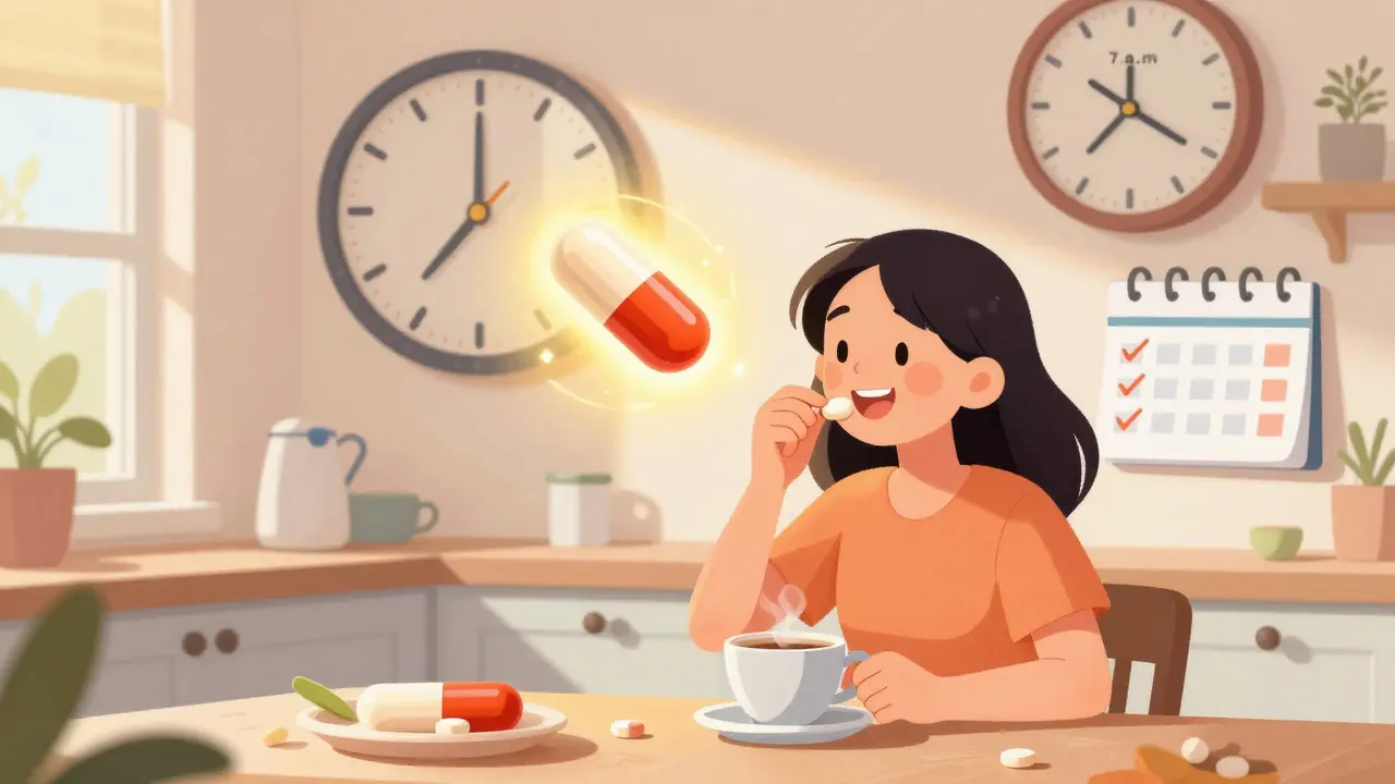 A patient taking a statin with morning coffee under a glowing clock showing 7 a.m.