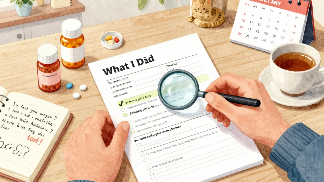 A person carefully fills out a medication plan at home, surrounded by pill bottles and notes.