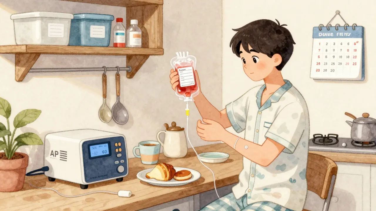 A person doing peritoneal dialysis at home in the kitchen, with supplies and a quiet machine nearby.