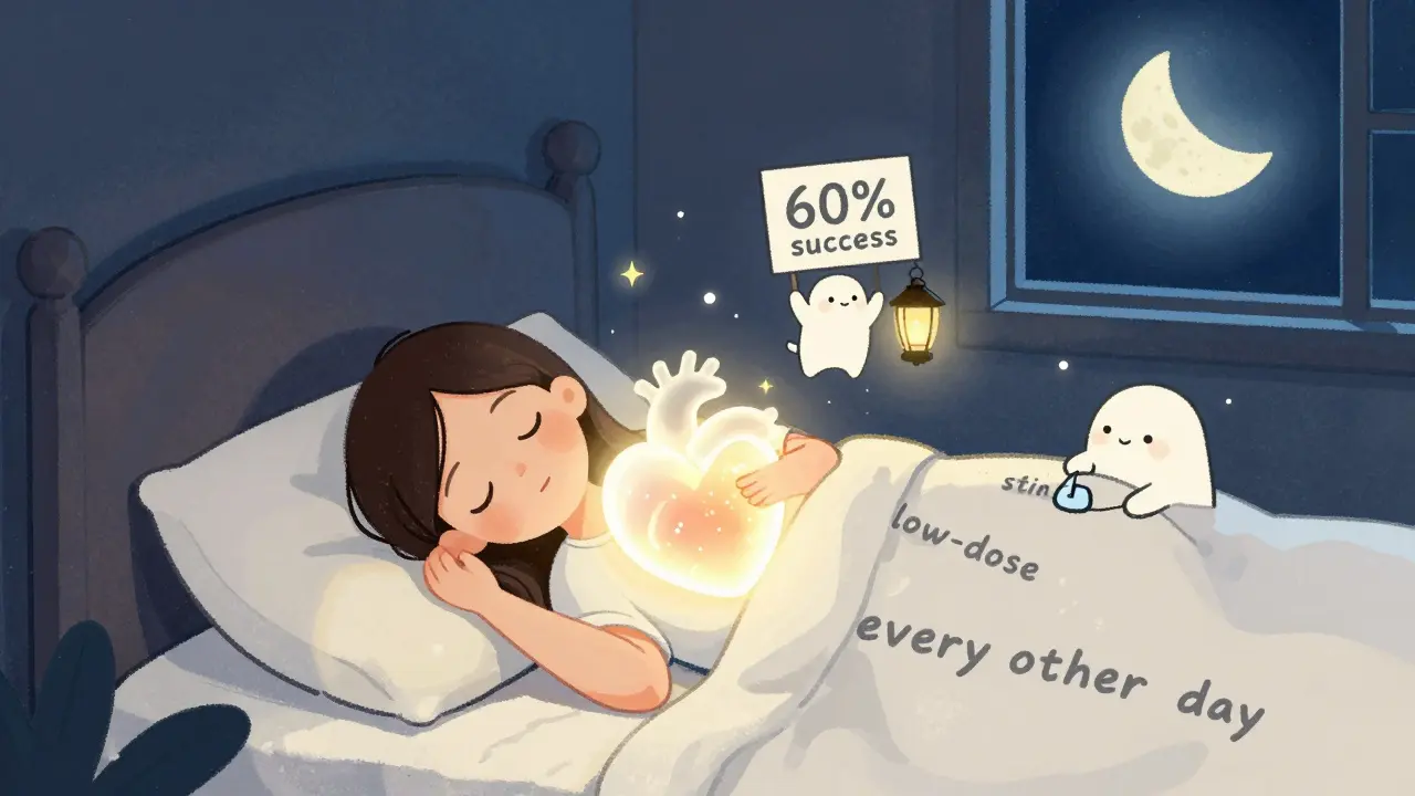 A person sleeping peacefully with a glowing heart and friendly creatures holding symbols of successful statin management under a pill-shaped moon.