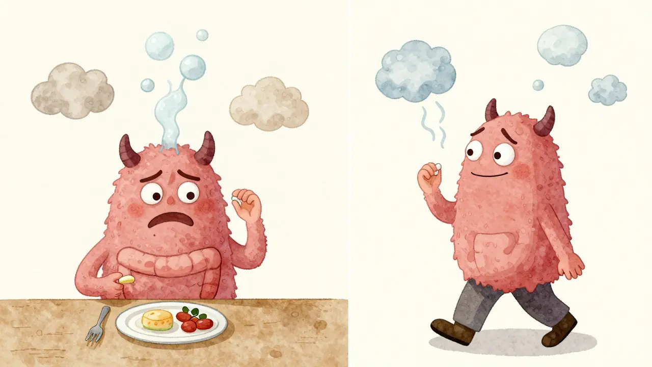 A person taking colesevelam with food, while their gut adjusts from bloating to comfort.