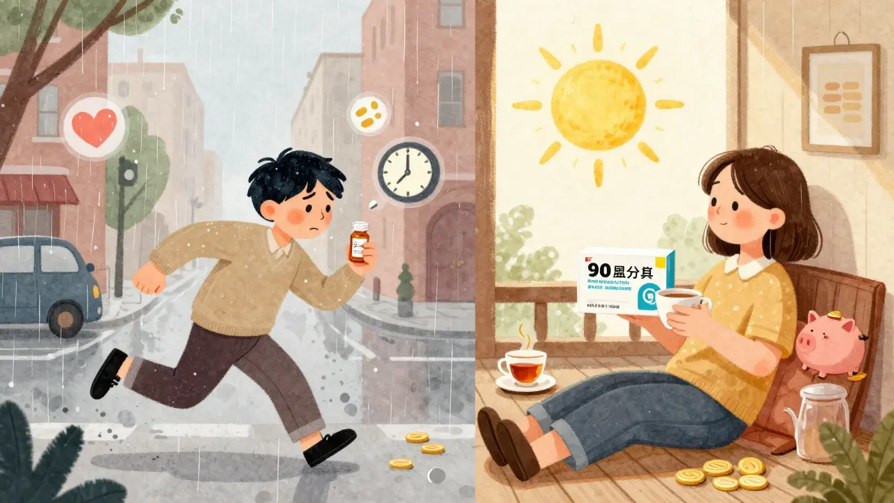 A person transitions from rushing in the rain with a small pill bottle to relaxing with a large 90-day supply on a sunny porch.