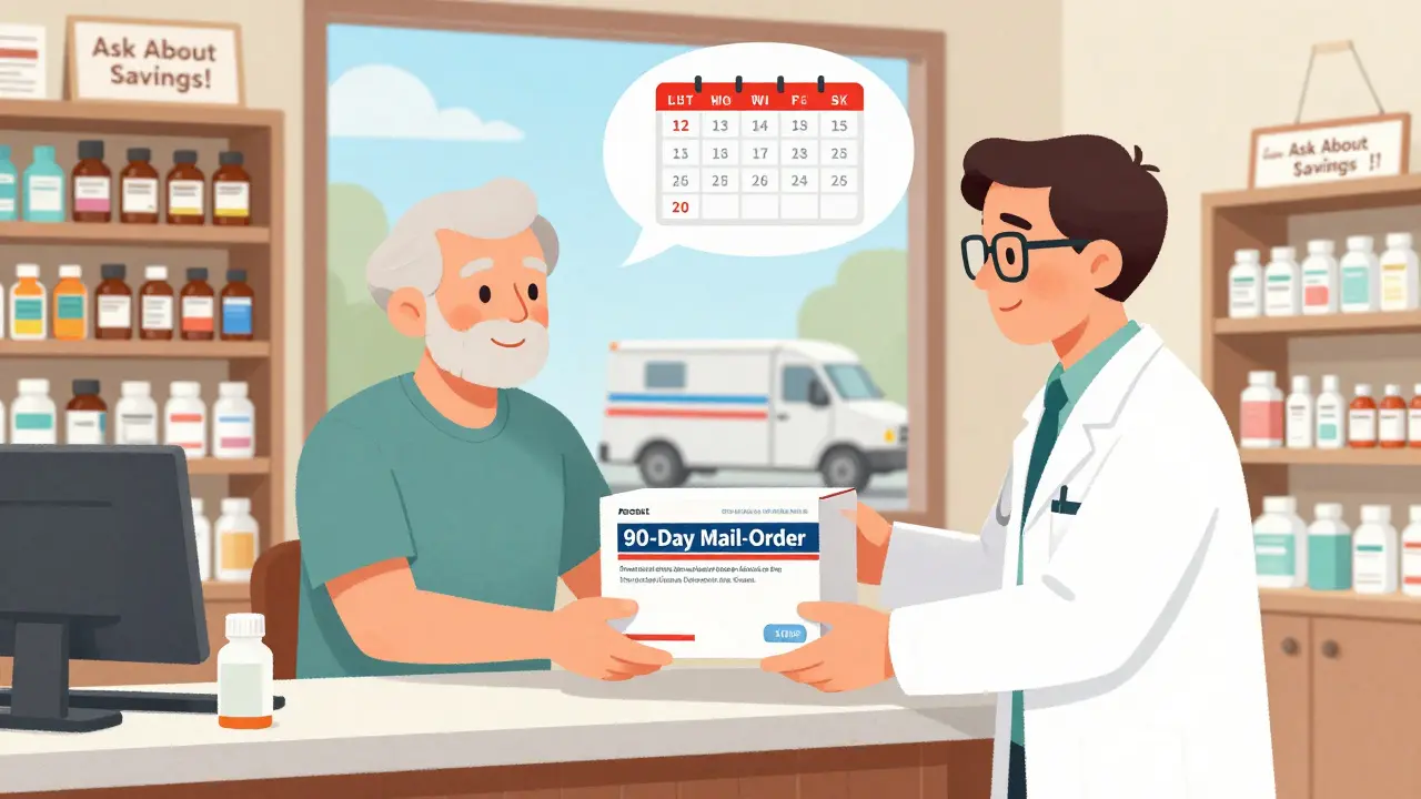 A pharmacist hands an elderly man a 90-day mail-order medication box in a cozy pharmacy.