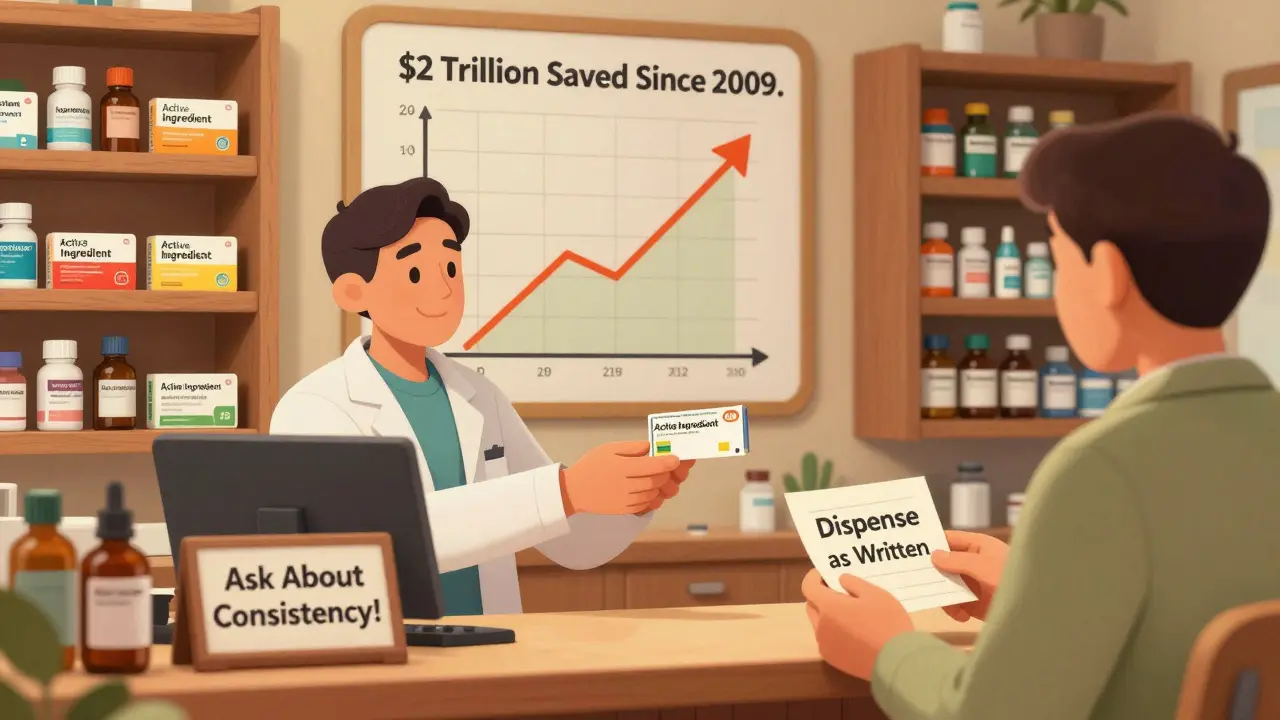 A pharmacist pointing to different colored generic pills on a shelf, with a chart showing billions saved and a patient holding a note asking for consistent dispensing.
