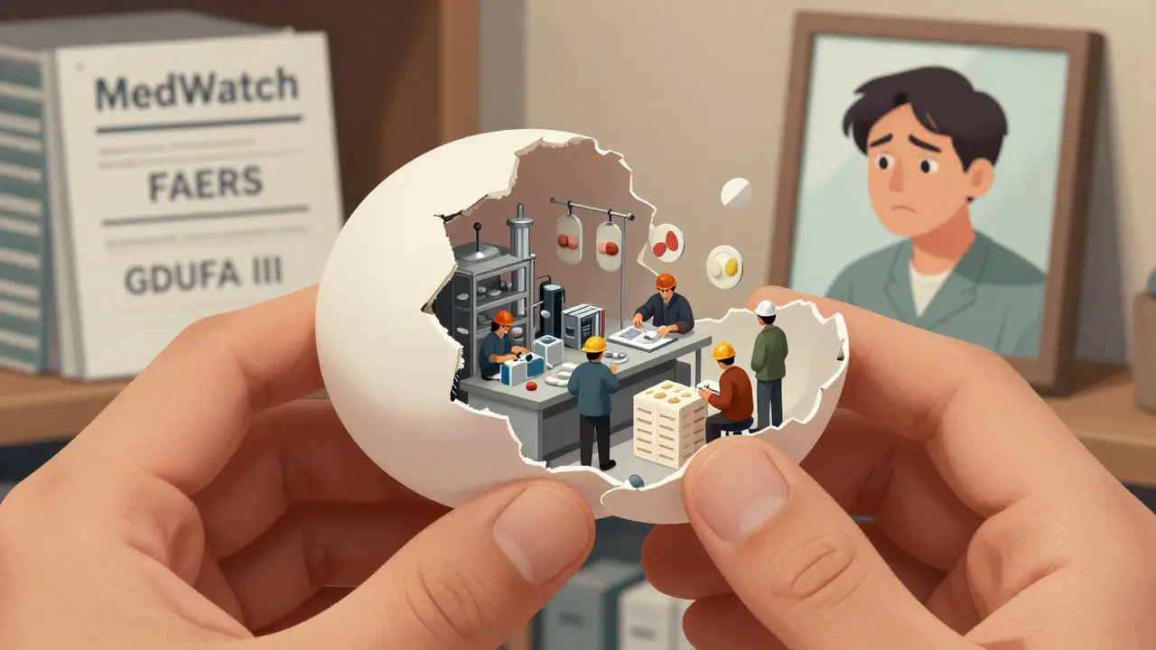 A pill cracking open to reveal a tiny factory inside, while a patient stares at their reflection showing different brands.