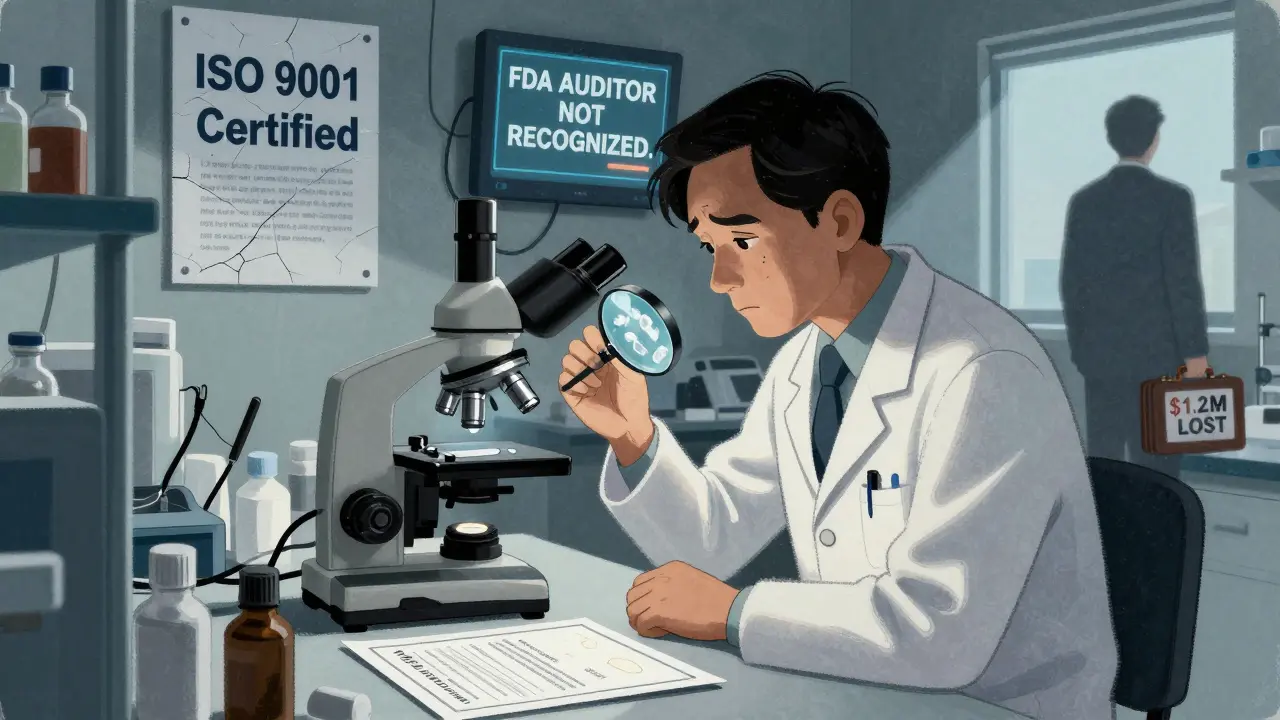 A scientist in a lab sees impure drug crystals as a rejected audit notice glows on a screen.