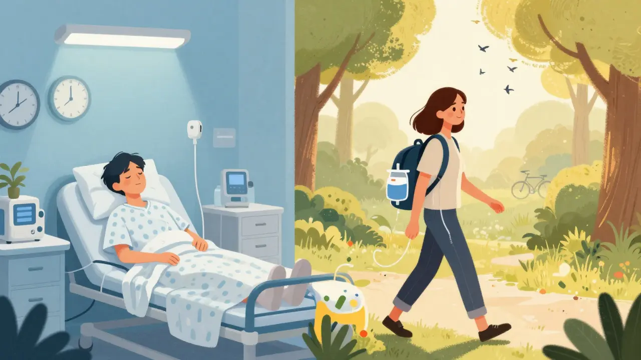 A split scene showing the stress of clinic dialysis versus the freedom of home dialysis in nature.