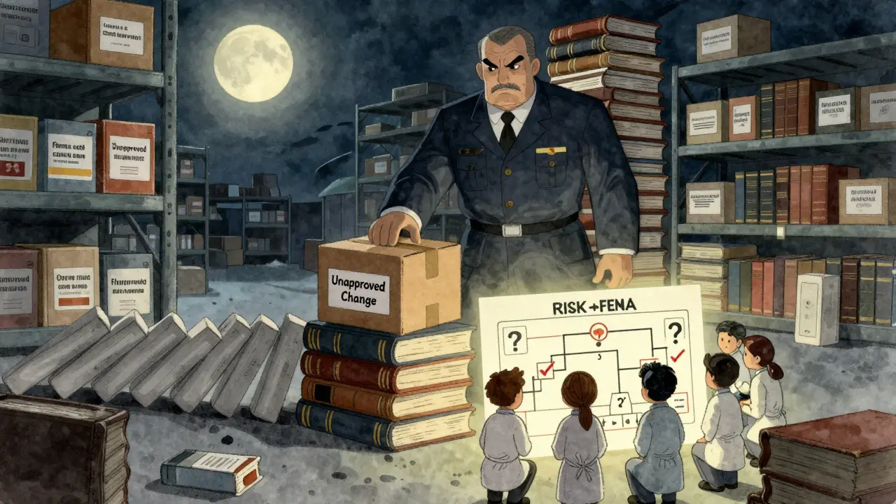 A warehouse where a regulatory guardian blocks a box labeled 'Unapproved Change' as recalled medicine tumbles.