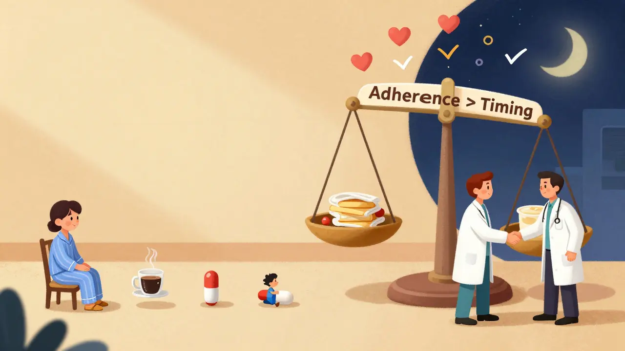 A whimsical timeline showing a pill traveling through the day with doctors agreeing adherence matters most.