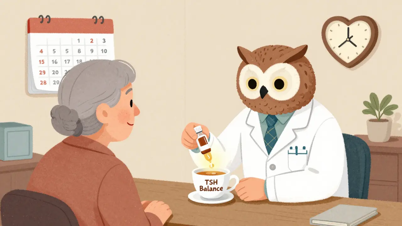 A wise thyroid owl lowers medication into a teacup while a heart-shaped clock ticks slowly.