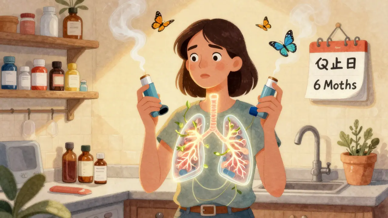 A woman's lungs healing with glowing cilia as cigarette smoke turns to butterflies, surrounded by medicine bottles.