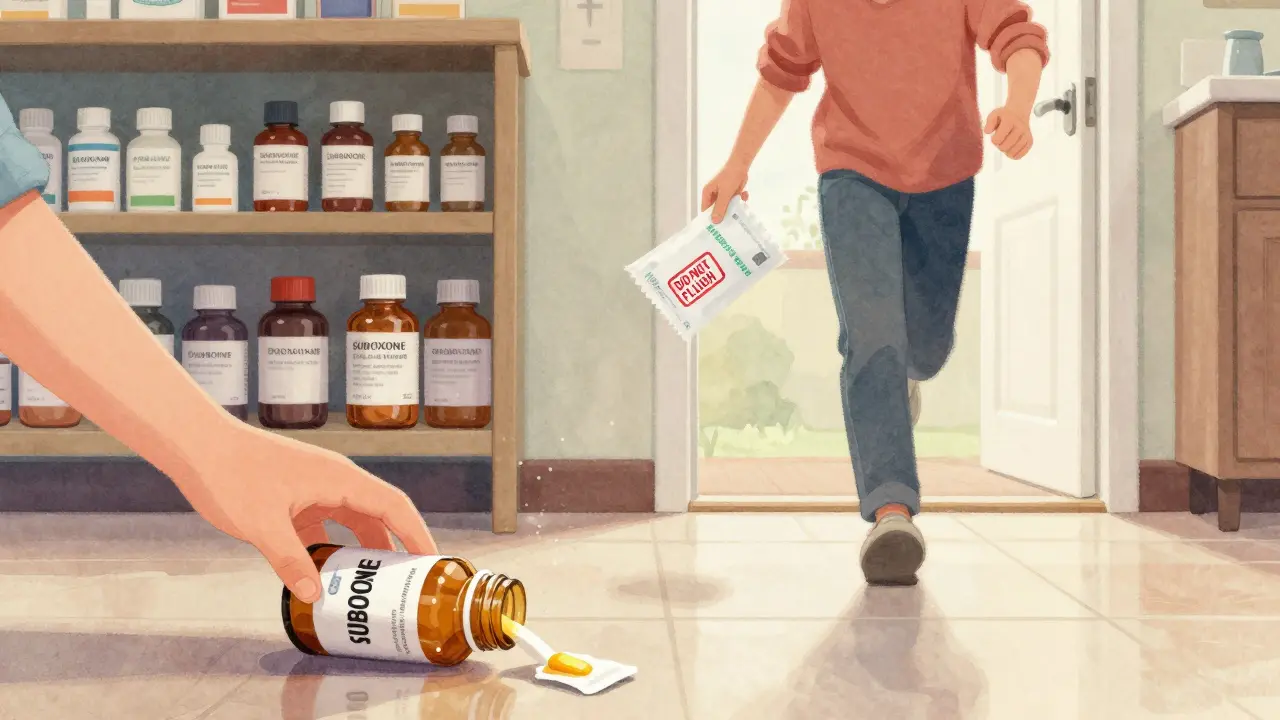 Child reaching for spilled opioid strips as parent rushes in with take-back envelope