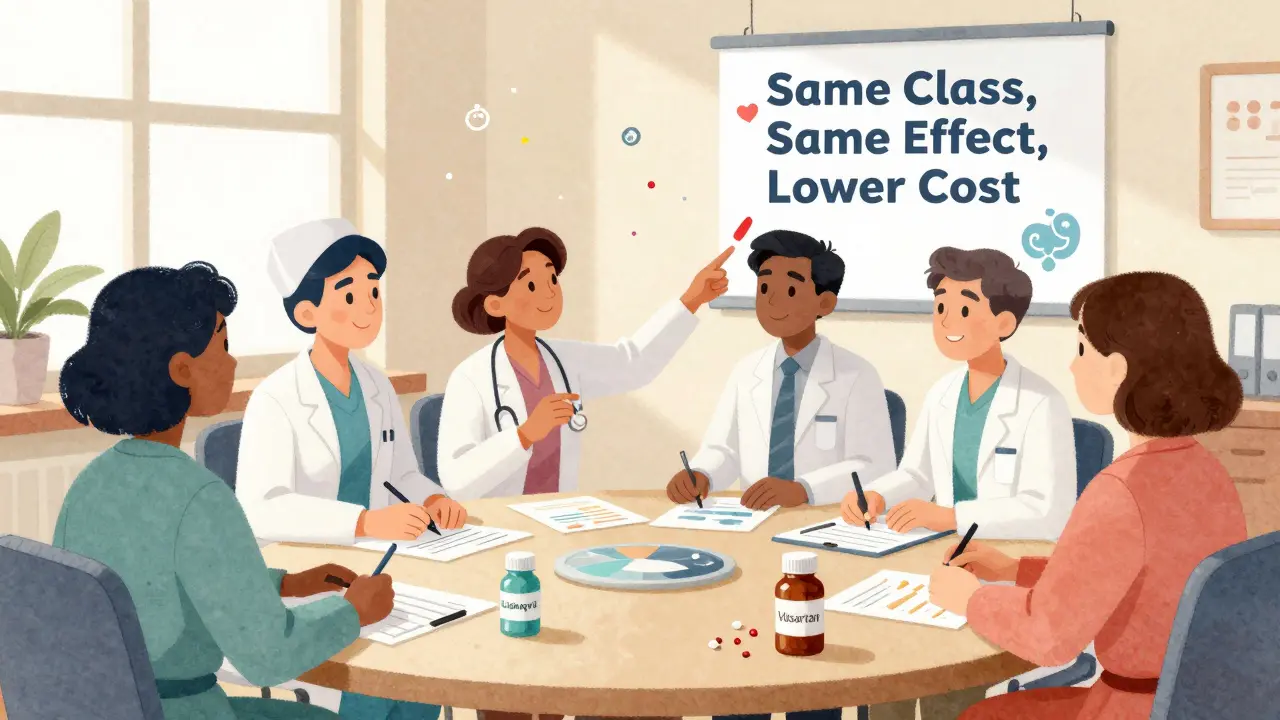 Diverse medical team reviewing drug formulary with pill bottles and charts on table.