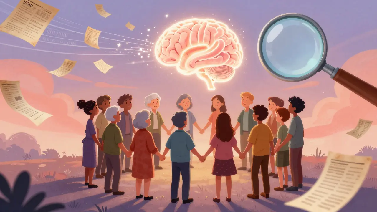 Diverse patients form a human chain connected to an AI brain, protected by a magnifying glass as old reports blow away.