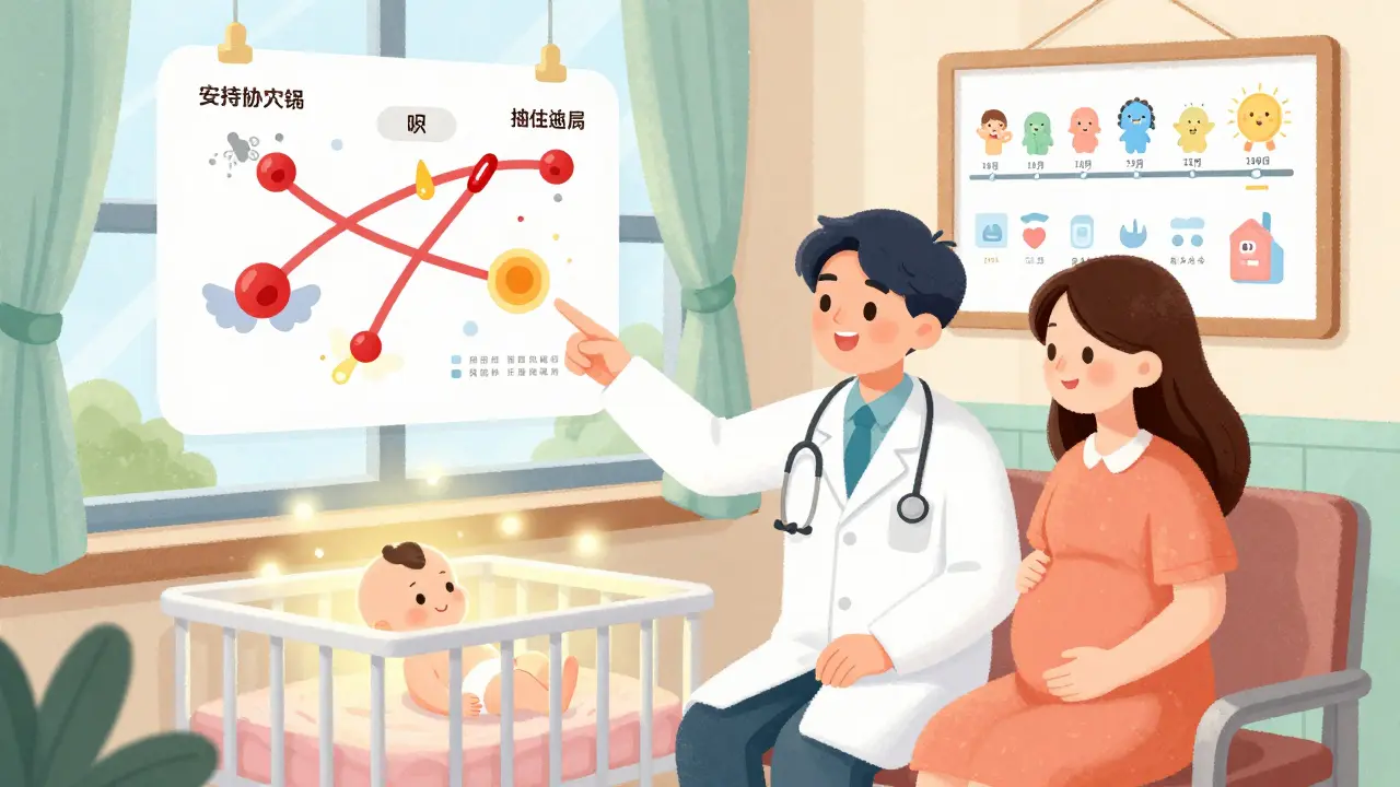 Doctor and pregnant patient viewing a diagram of antibodies crossing the placenta in a sunlit clinic.