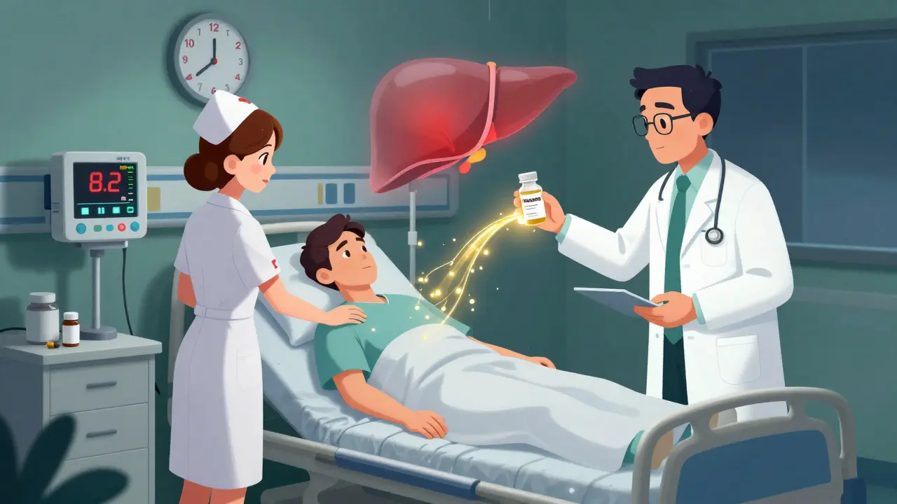 Emergency room scene with a nurse checking a high INR reading, a doctor administering antidote, glowing liver above patient.