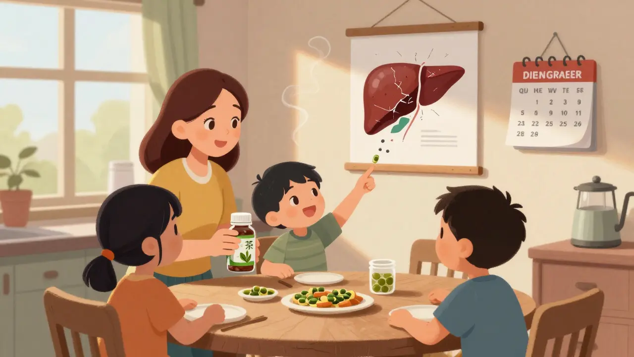 Family at kitchen table with green tea extract bottles, child pointing to liver health poster, subtle jaundice on woman's skin.