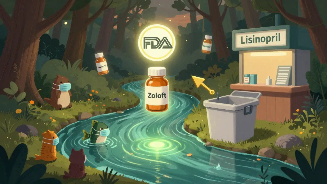 Fish in a polluted river wear masks, floating pills surround them, take-back bin glows nearby