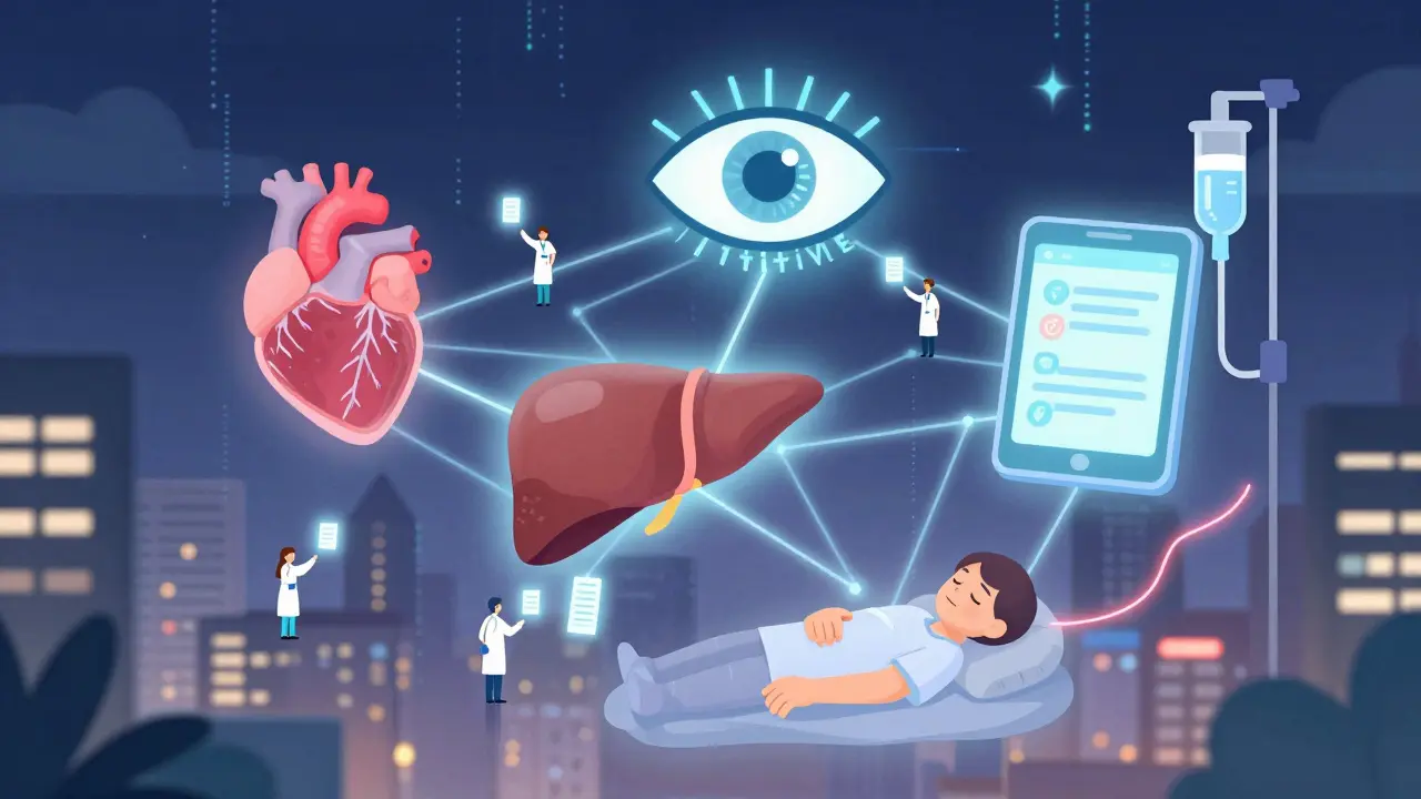 Floating medical icons above a city, with patient reports rising to a digital eye, and a peeling patch trailing a warning line.