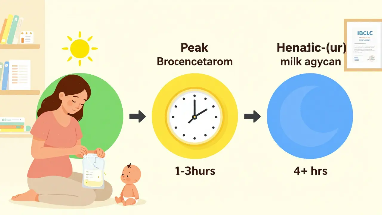 Illustrated timeline showing safe breast milk storage phases after medication.