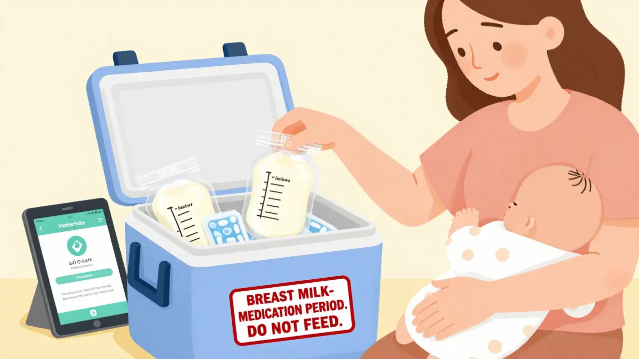 Mother storing medicated breast milk in a labeled insulated cooler.