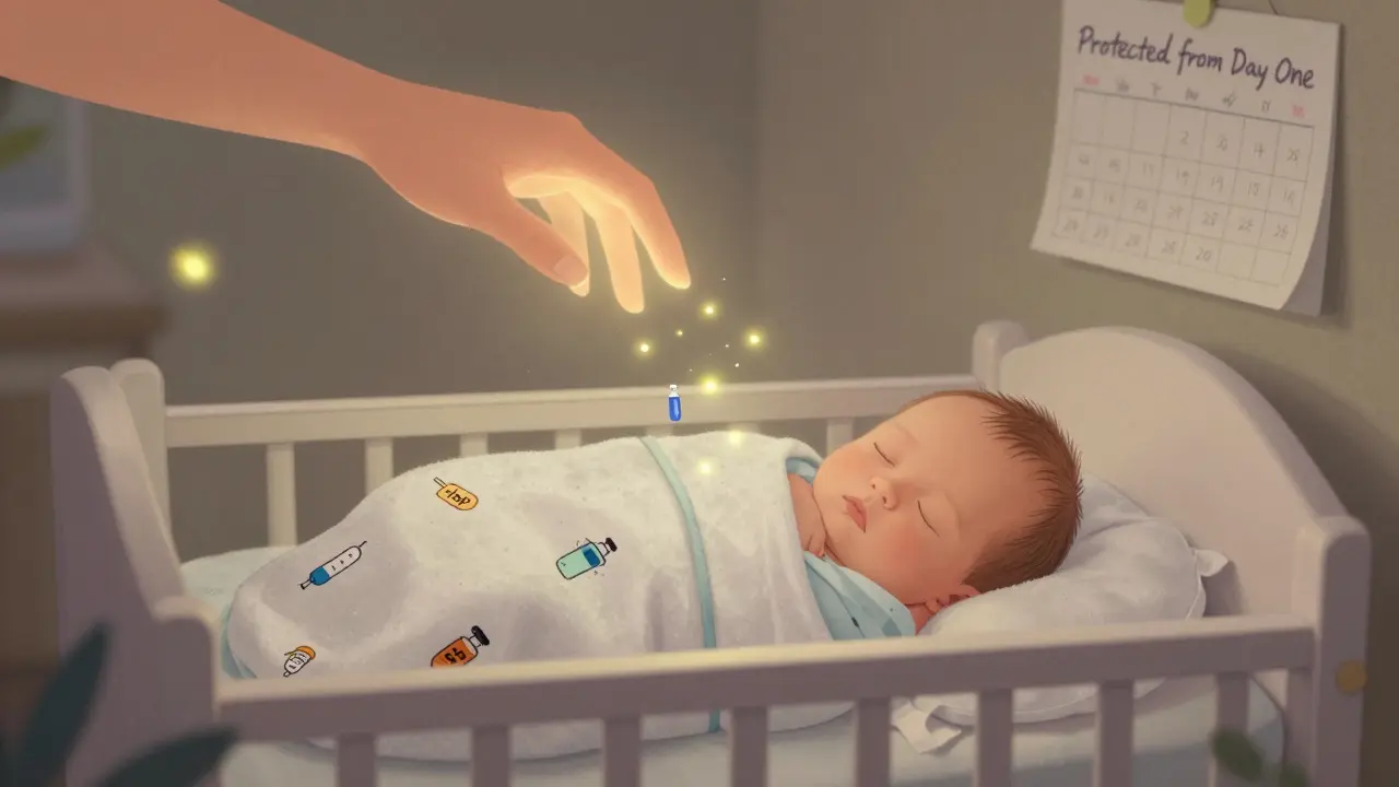 Newborn sleeping with vaccine symbols on blanket, glowing antibodies floating down like fireflies.