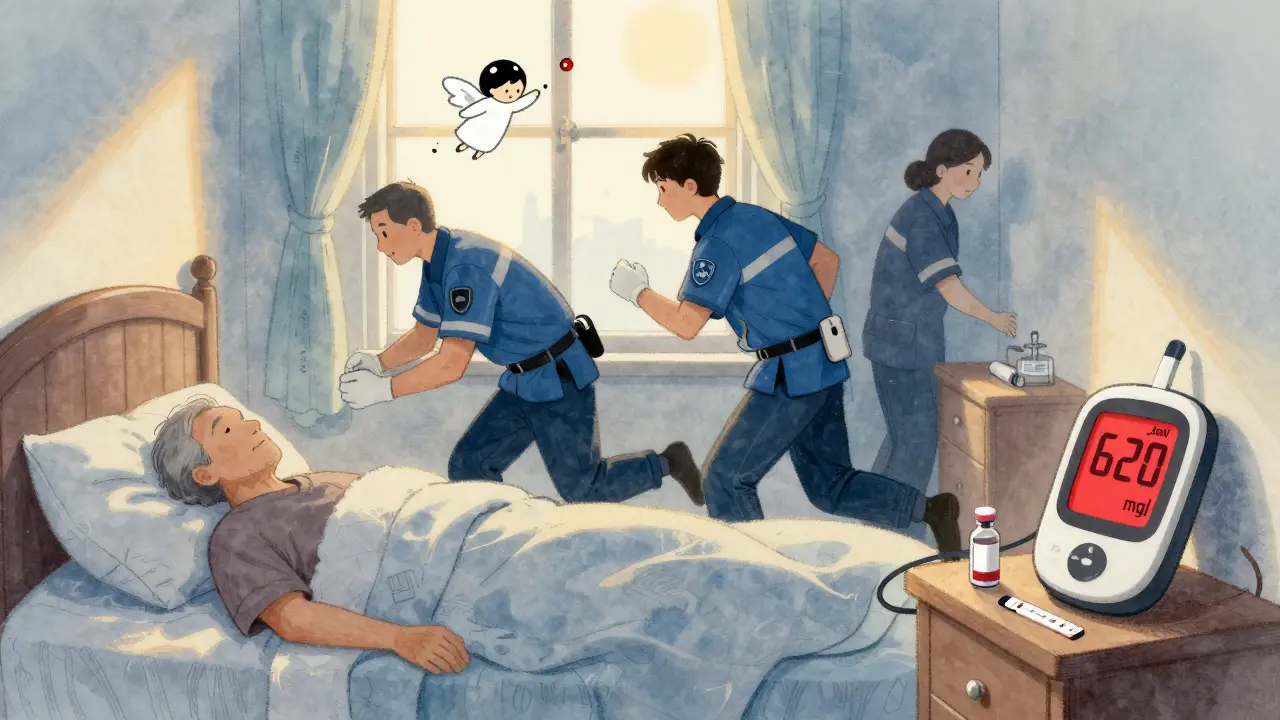 Paramedics attend an unconscious person in a bedroom, with a blood sugar monitor reading 620 mg/dL at dawn.