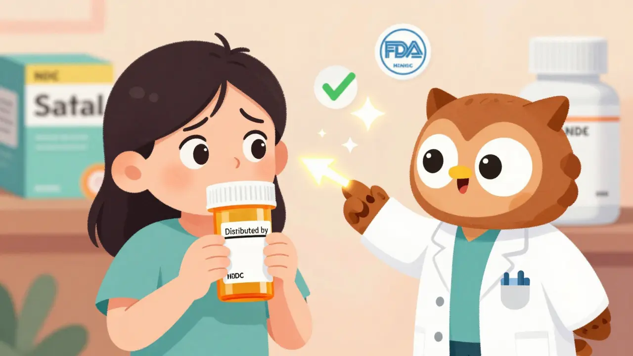 Patient examining a prescription bottle labeled 'Distributed by' while an owl mascot highlights the NDC code with a glowing arrow.