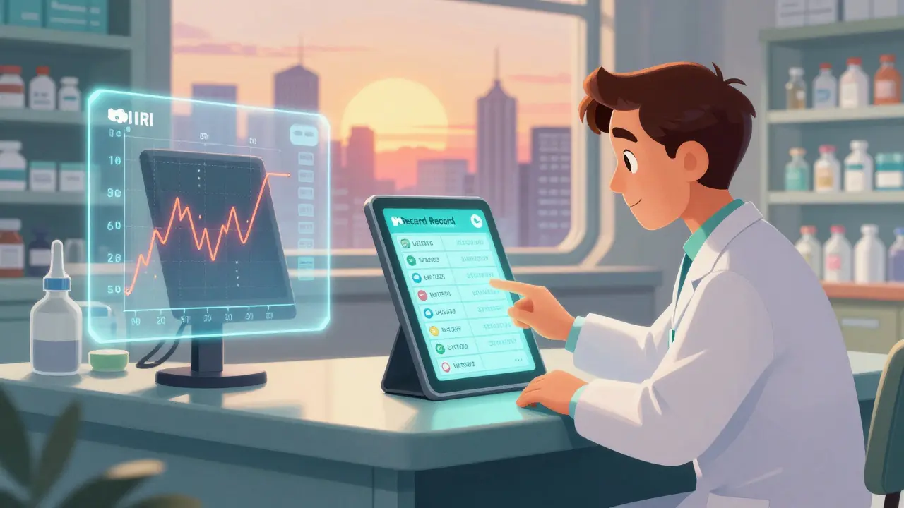 Pharmacist documenting a substitution on a glowing tablet showing a blockchain ledger, with a hologram of a stabilizing INR graph in a hopeful sunrise setting.