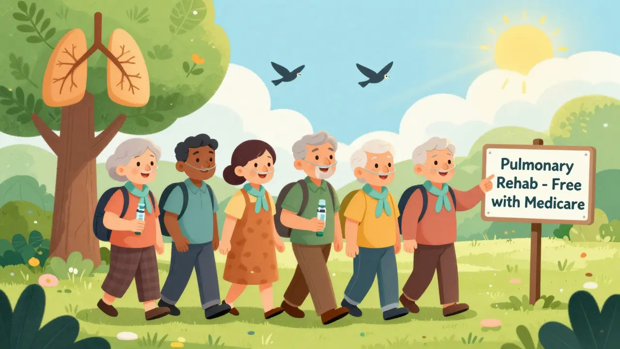 Seniors walking in a park with inhalers and oxygen tubes, passing a tree shaped like lungs under a bright sun.