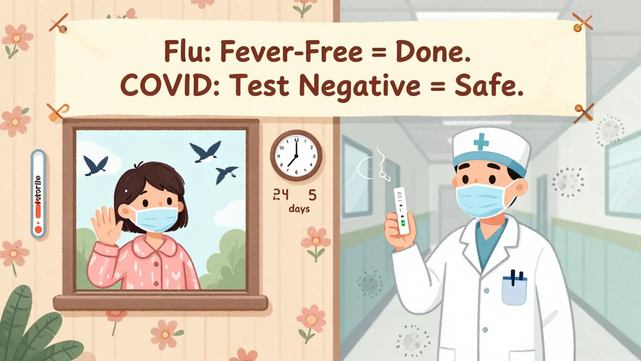 Side-by-side scenes show flu isolation ending after 24 hours and COVID isolation requiring a negative day-five test.