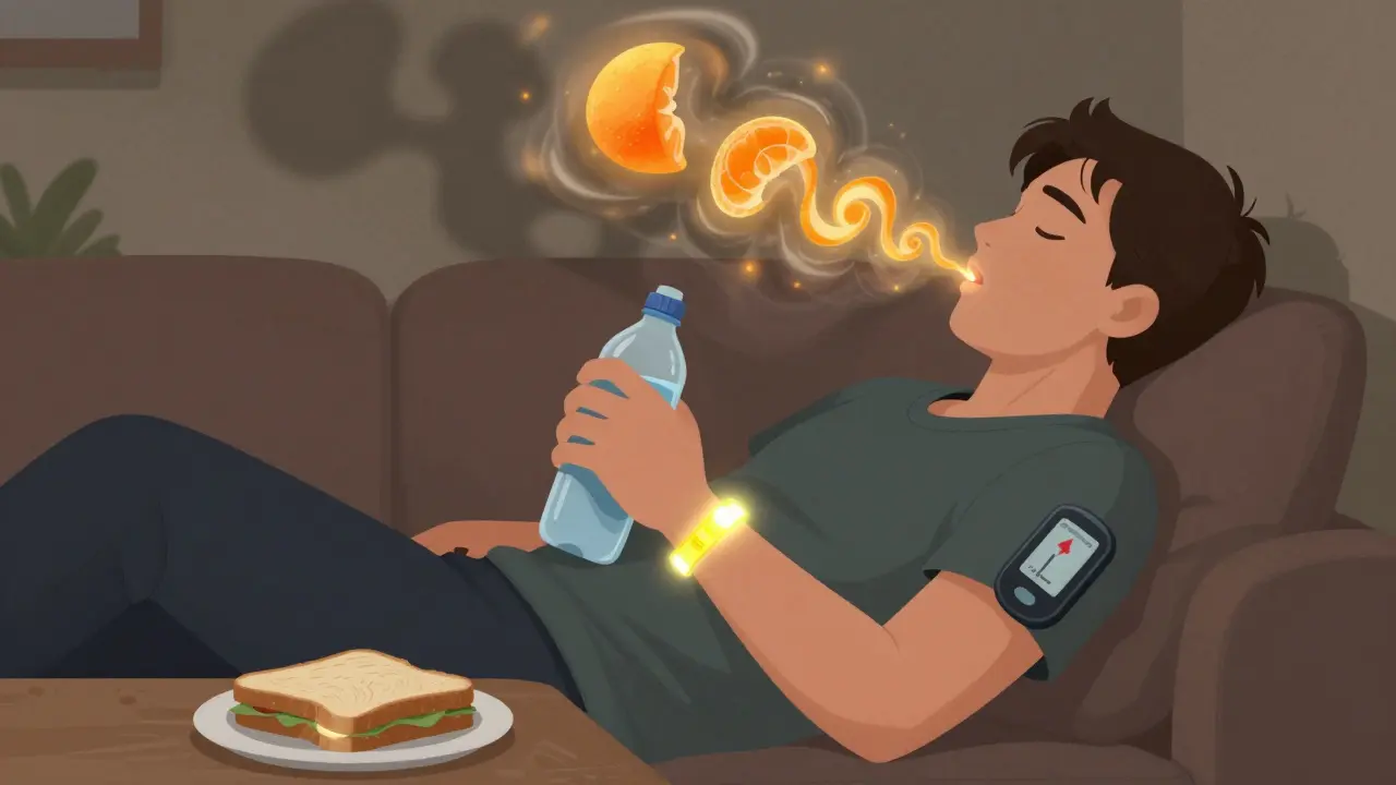 Someone exhausted on a couch, with glowing ketone spirals rising from their breath and a CGM showing a rising alarm.