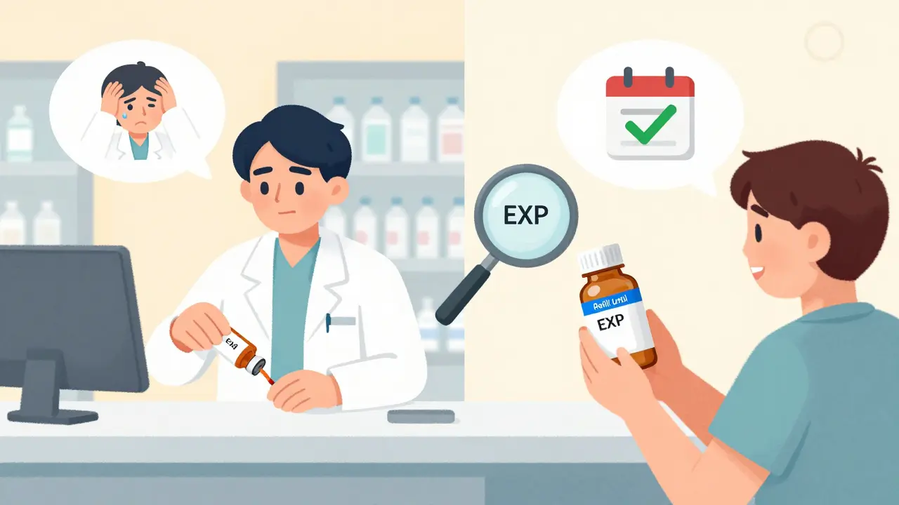 Split illustration showing someone mistakenly discarding medicine vs. correctly understanding refill and expiration dates.