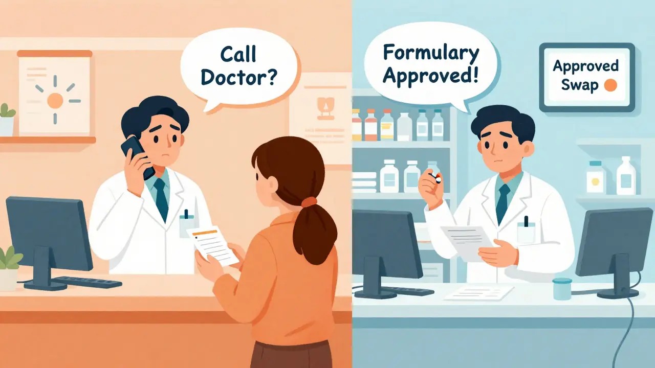 Split scene: confused patient at community pharmacy vs confident swap in hospital.
