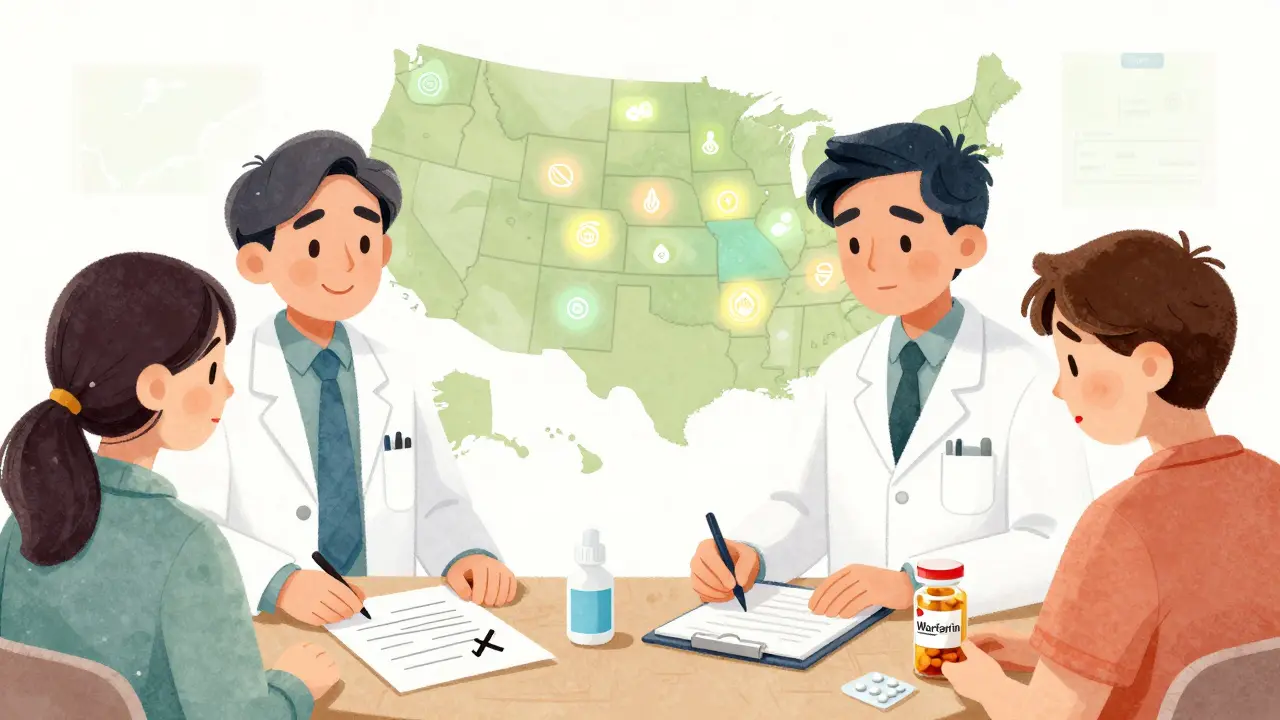 Split scene showing patient consent for generic substitution in one state and undocumented warfarin change in another, with U.S. state icons glowing differently.