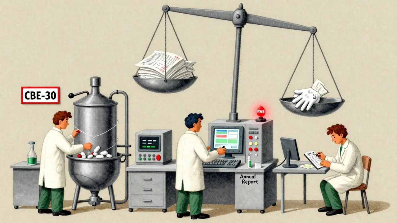 Three workers making different types of pharmaceutical changes in a cross-section factory, with a regulatory scale tipping.