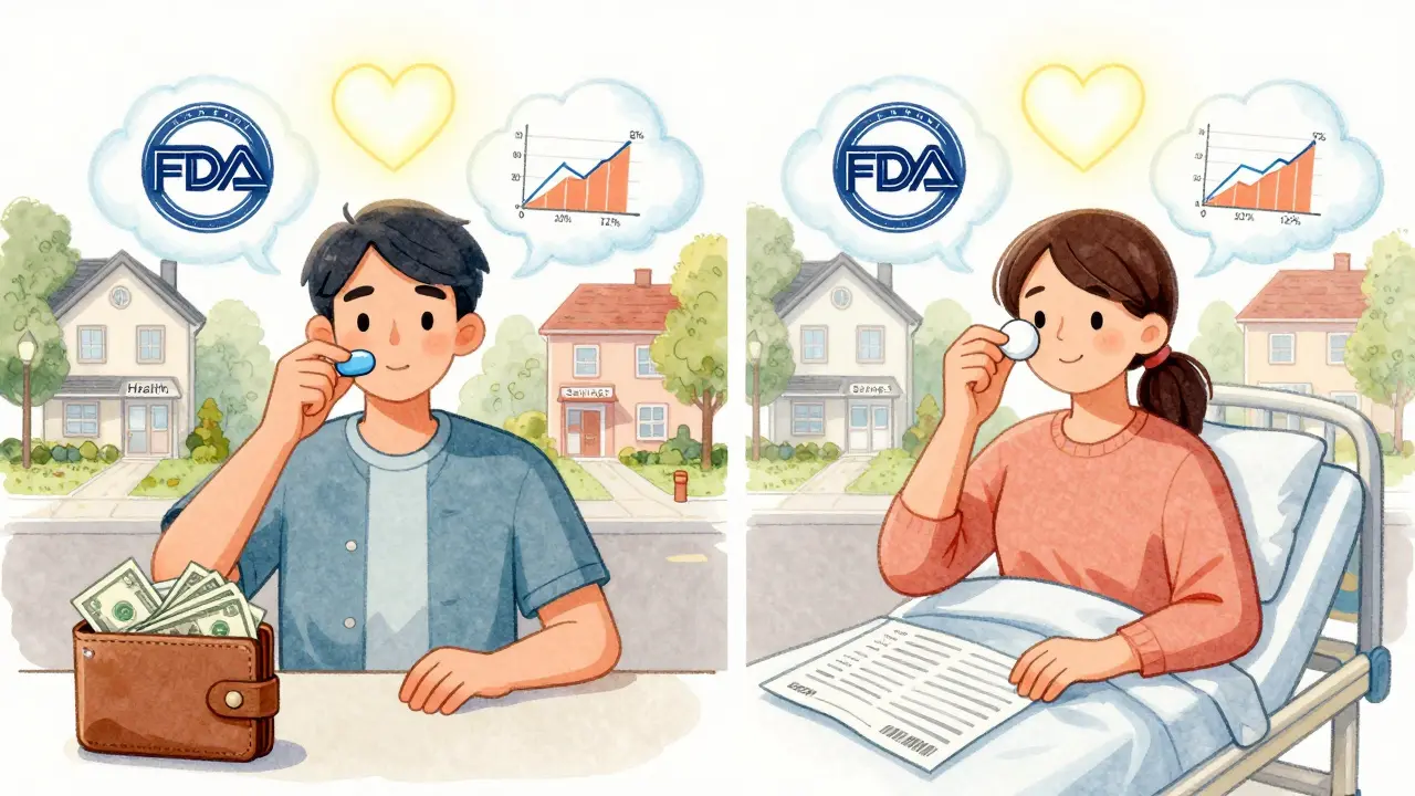 Two identical people taking different pills, both with glowing hearts, one beside a full wallet and the other near a hospital bill, with FDA symbols floating around.