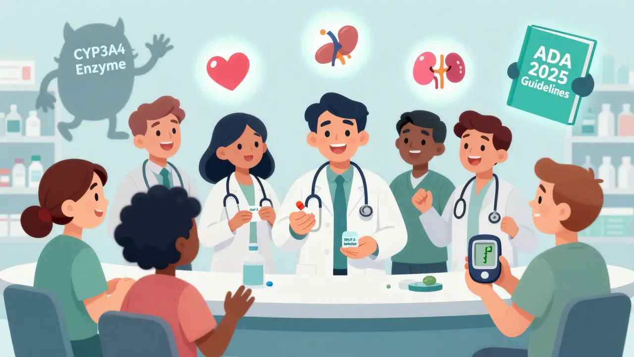 A cheerful pharmacy scene with modern diabetes drugs bringing health icons, while outdated dangerous combinations fade away in the background.