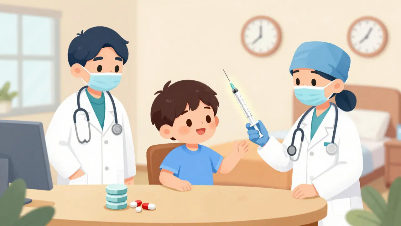 A child gets a single dexamethasone shot while five prednisone pills sit unused on a table.