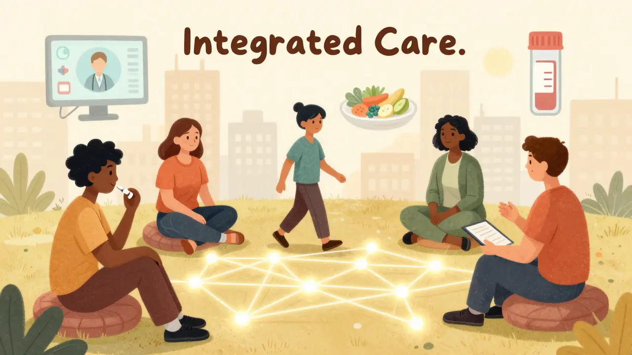 A diverse group connected by glowing threads symbolizing integrated obesity care in a warm, storybook scene.