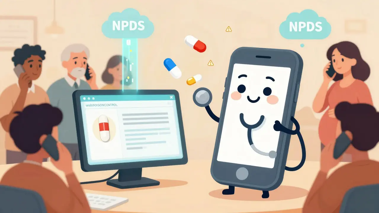 A friendly phone with a stethoscope beside a computer showing poison control web tools, with medication icons floating around.