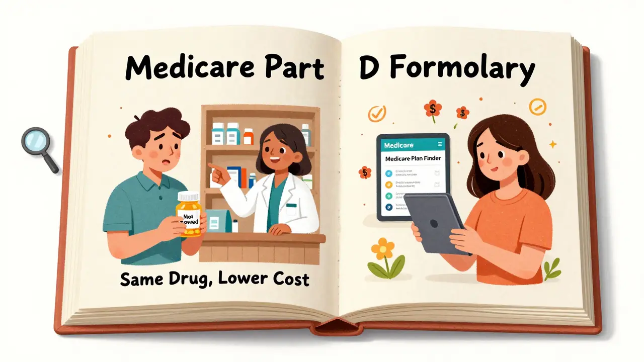A man confused about a drug not covered, shown beside a woman using a tablet to compare generic drug prices with visual price comparisons.