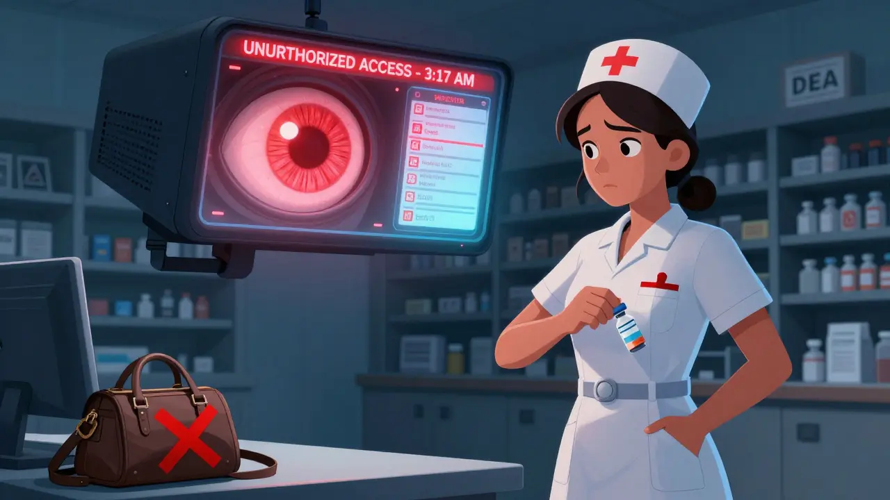 A nurse tries to steal medication as an electronic surveillance system detects the unauthorized action.