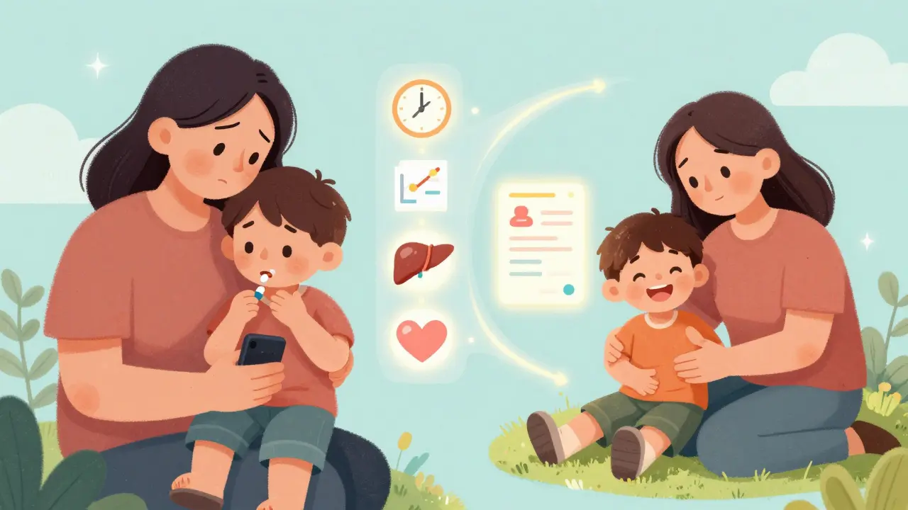 A parent calling poison control on the left, smiling with a healthy child on the right, connected by a path of medical icons.