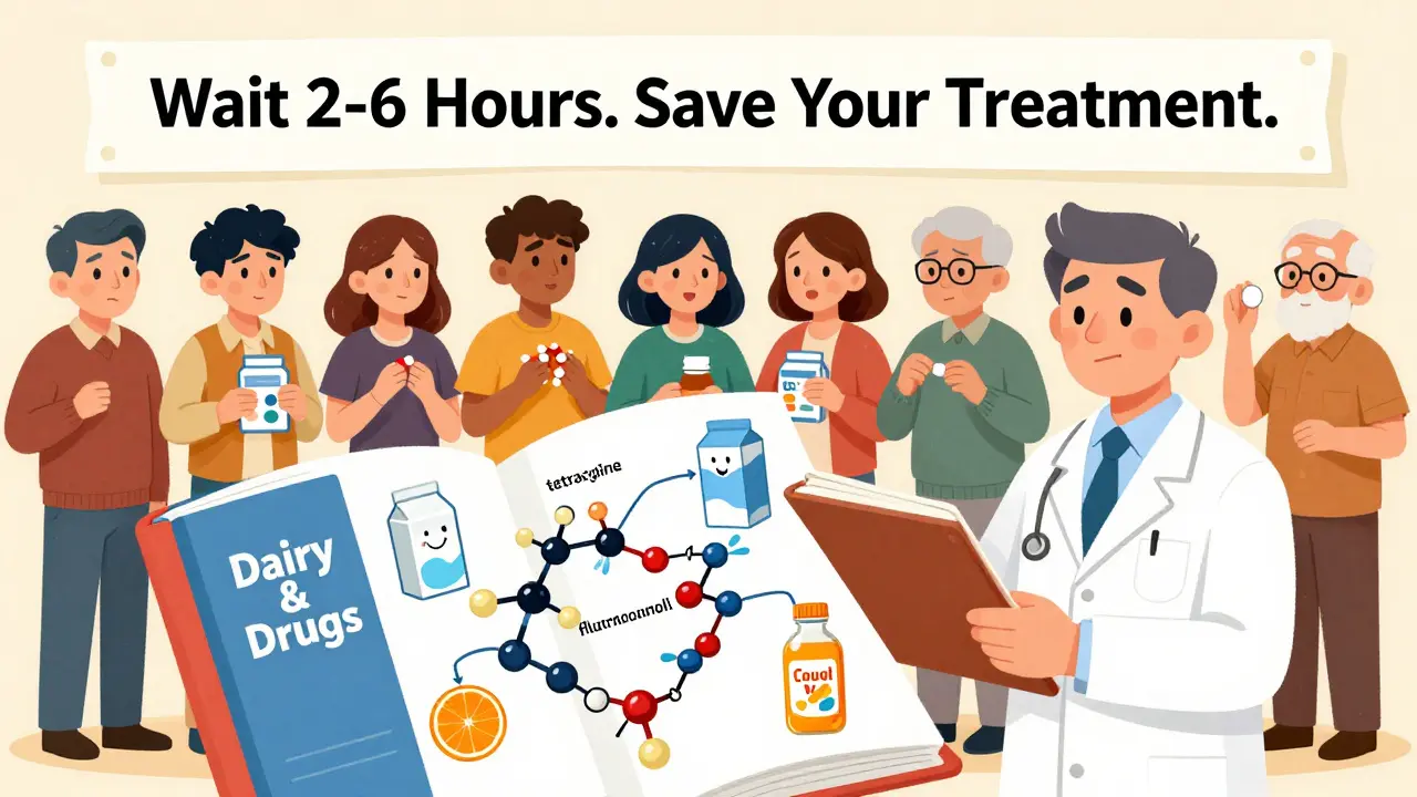 A pharmacist explains dairy-antibiotic interactions using a visual flowchart for confused patients.