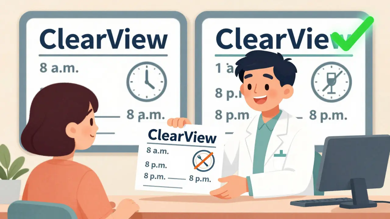 A pharmacist handing a patient a clear prescription label with clock icons and simple symbols, contrasting old and new designs.