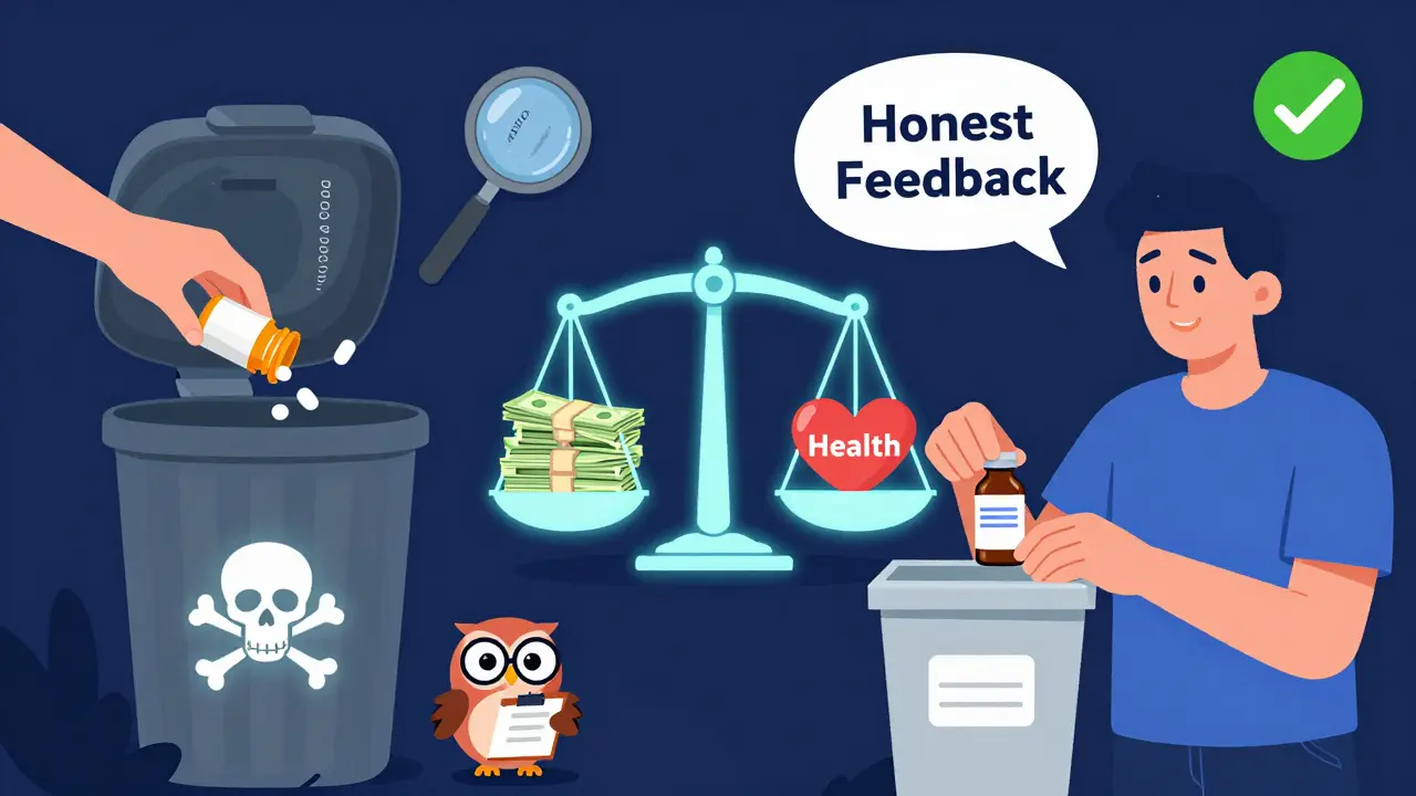 A split scene contrasts careless disposal of expired meds with proper take-back, balanced by a heart labeled 'Health' and 'Honest Feedback'.