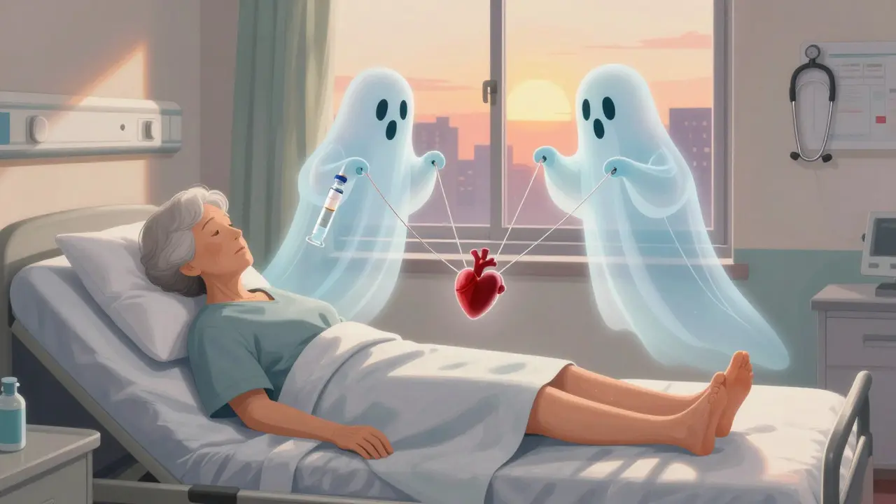 An elderly woman with swollen legs in a hospital bed, as insulin and rosiglitazone symbols tug at her heart in a soft, illustrated scene.